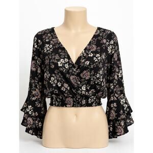 KAII Los Angeles Floral Boho Crop Top Bell Sleeve Smocked Waist M